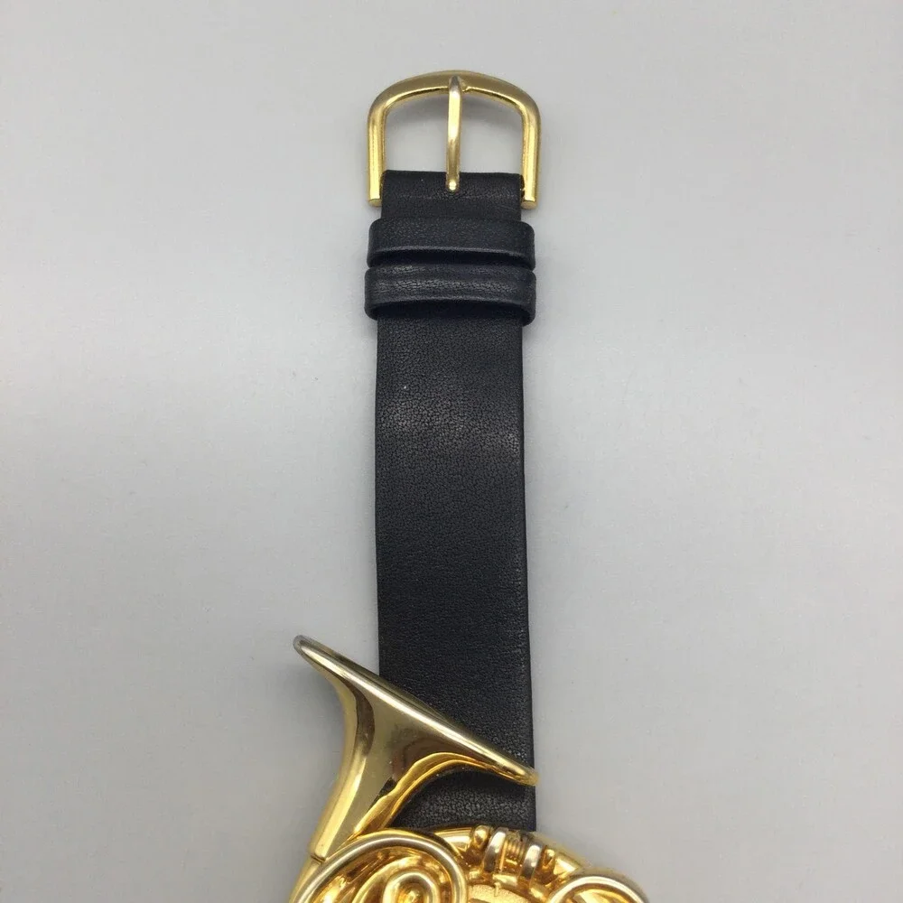 French Horn Hidden Dial Womens Watch 36mm Gold Tone Black Strap New Battery